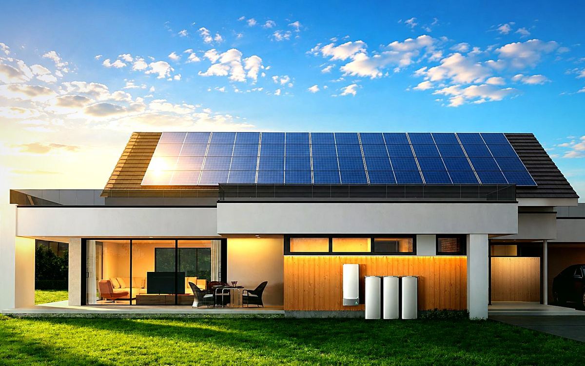 A modern home with a rooftop solar array at golden hour