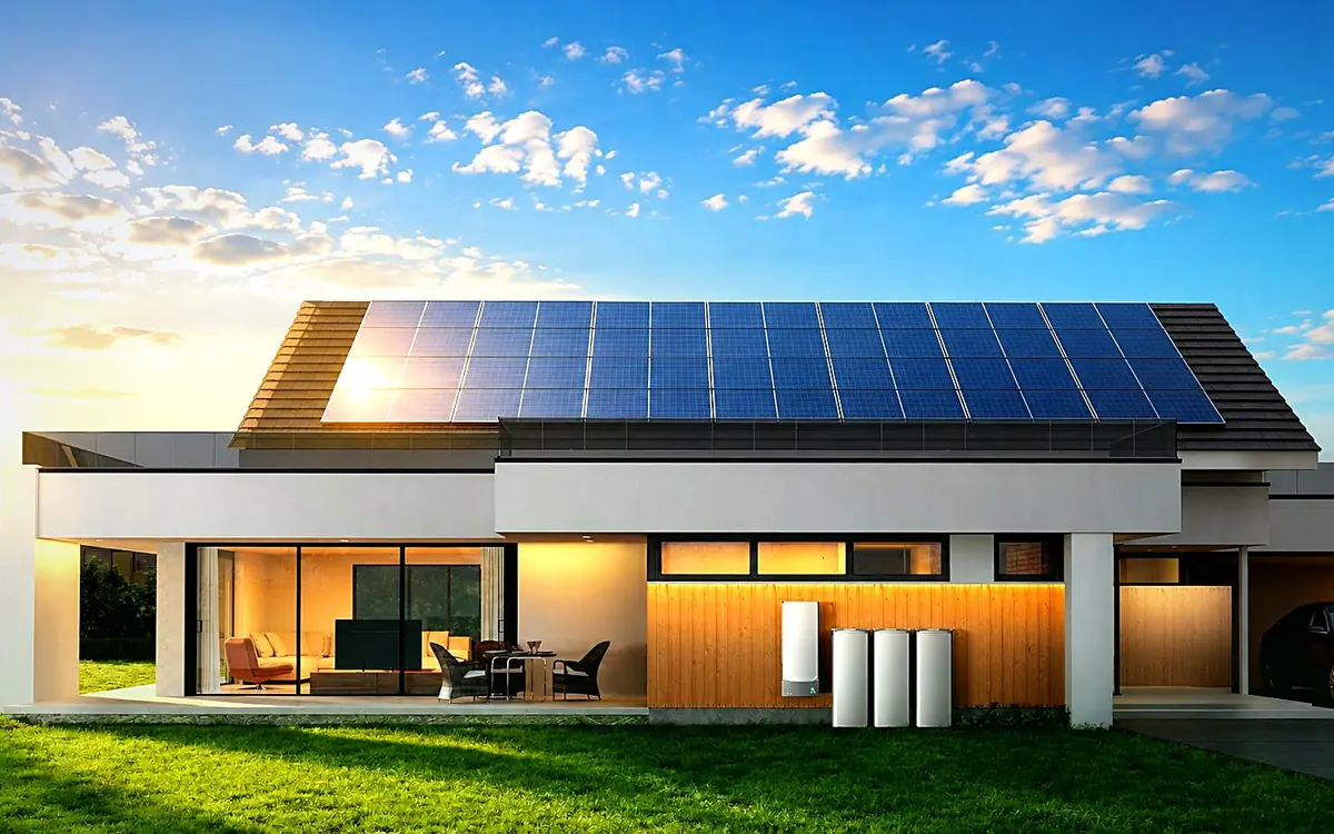 A home with rooftop solar panels at golden hour