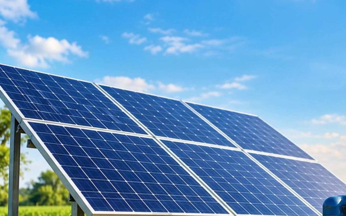 Blue monocrystalline solar panels under a bright sky
