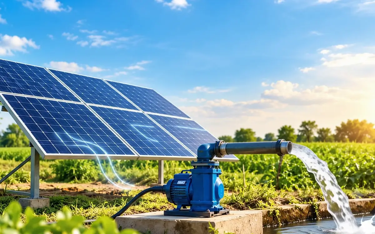A solar array powering a blue water pump beside a green field
