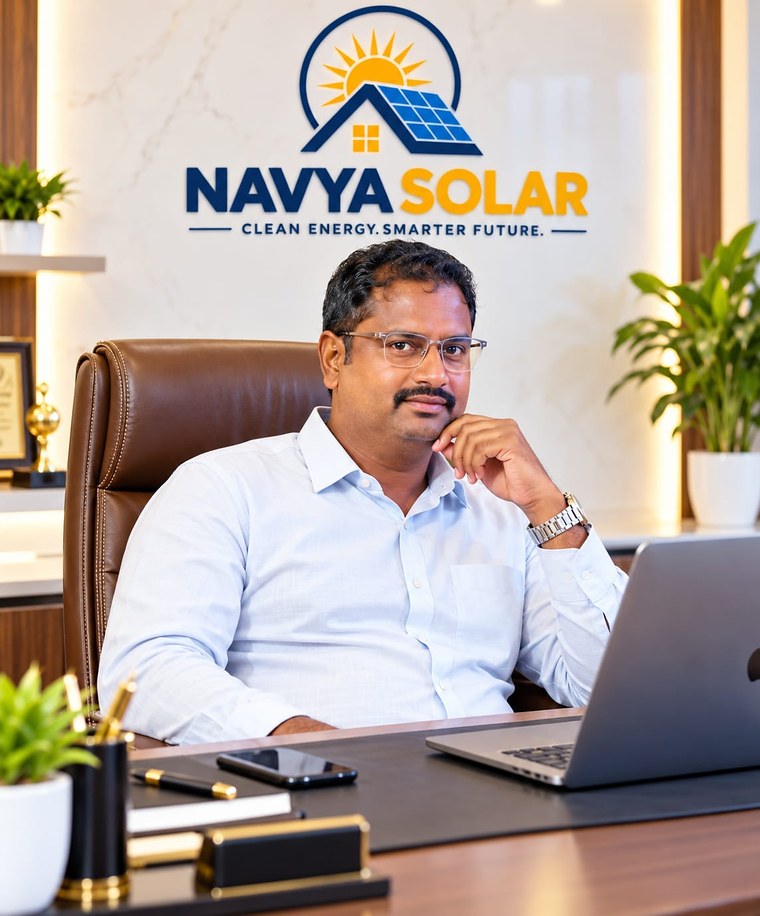 Navya Solar (Navya Enterprises) — at the desk in the Navya Solar office in front of the Navya Solar logo